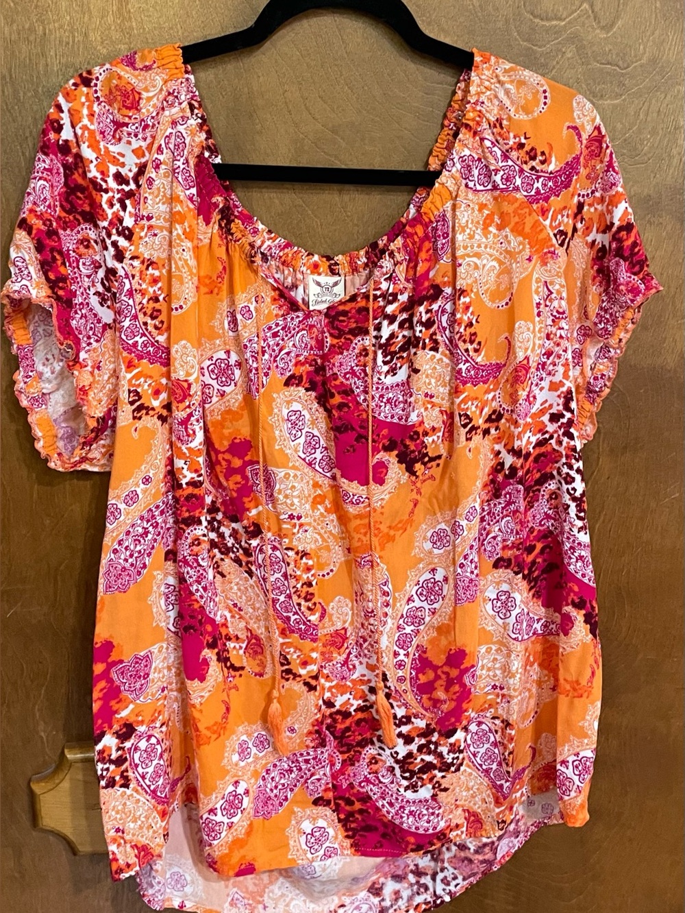 Faded Glory Orange & Pink Paisley Peasant Blouse